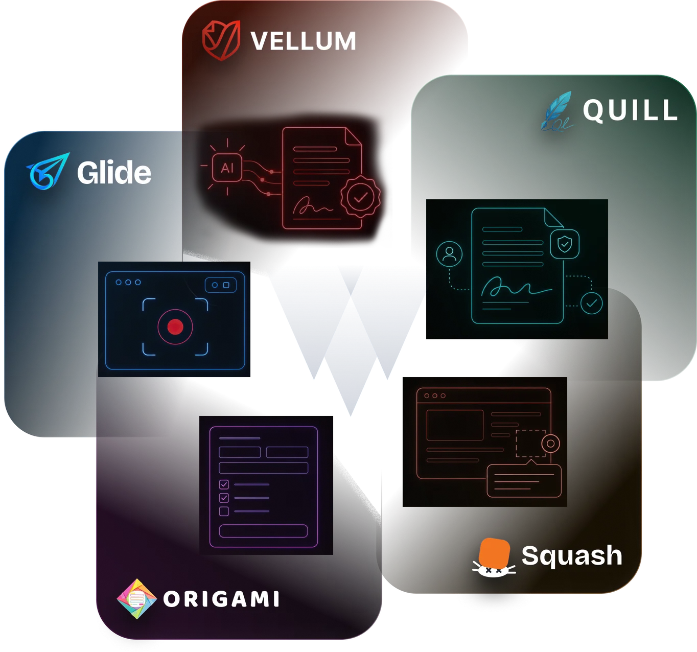 Glide, Quill, Vellum, Origami, and Squash product interfaces