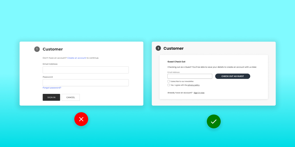 Bad example of a checkout process which prompts for an account login versus a good example with a Checkout as Guest option