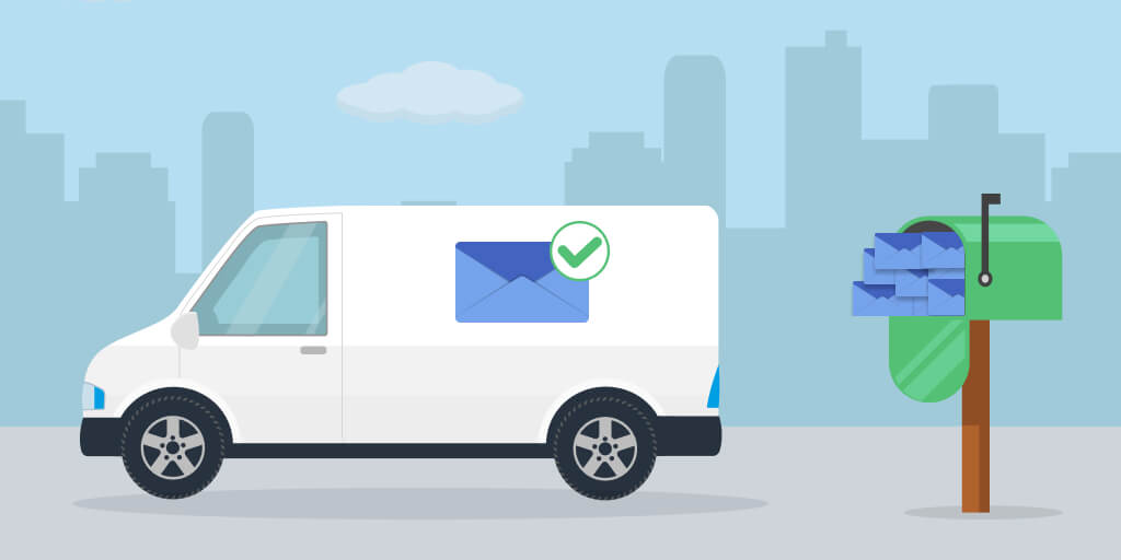 A mail truck with a green checkmark and a mailbox filled with envelopes