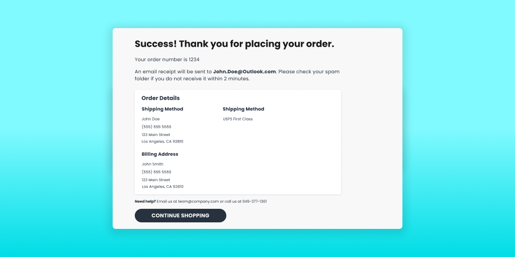 Example of an order confirmation page. It thanks the user for placing the order and lists order details such as order number, the customer's email, shipping method, and billing address