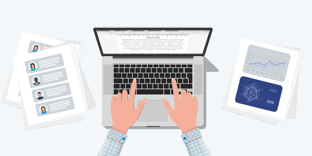 Two hands type on a laptop keyboard, with sheets of paper showing comparison charts and buyer persona examples on either side.