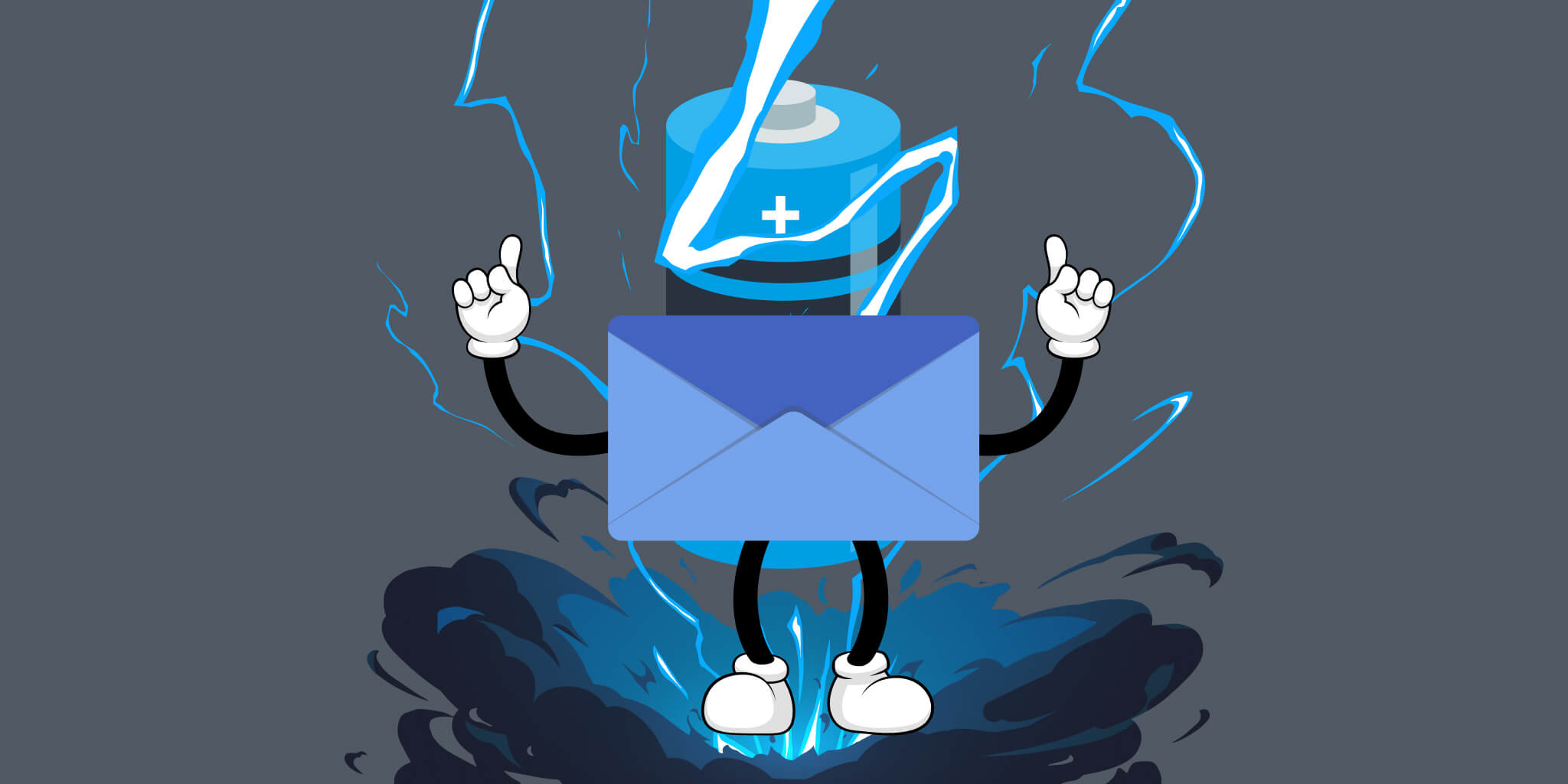 An email envelope character flexing and glowing with power/electricity with a battery behind it