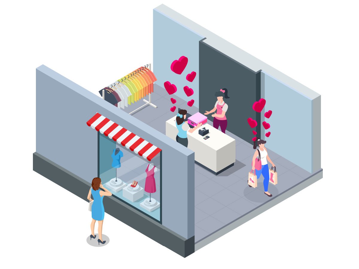 A potential buyer peers into a store window as another customer, surrounded by hearts, makes a purchase.