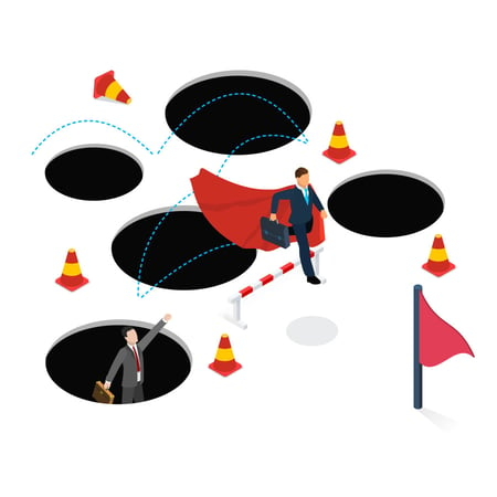 a series of holes and traffic cones are scattered about beside a flag. One businessman with a cape avoids the holes and heads for the flag while another businessman clings to the edge of a hole
