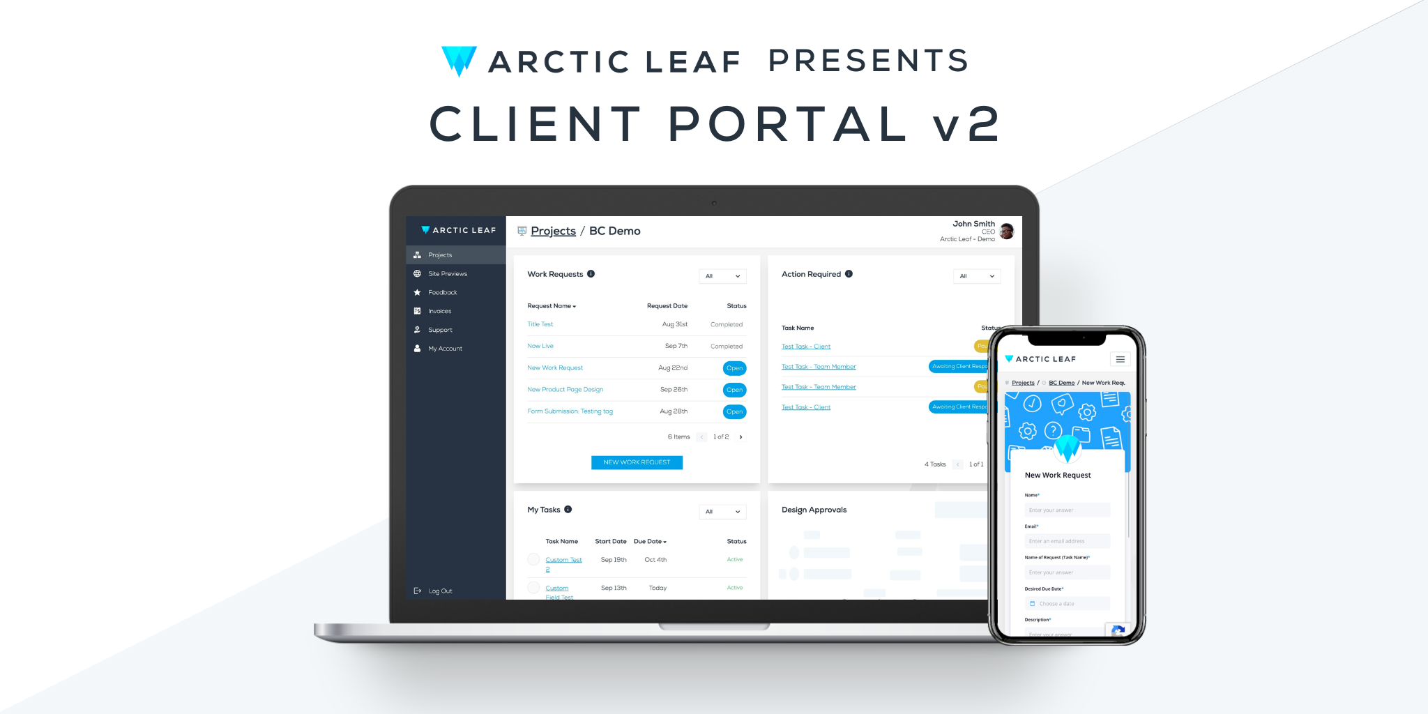 Arctic Leaf's Client Portal v2 with a laptop and phone showing a project dashboard