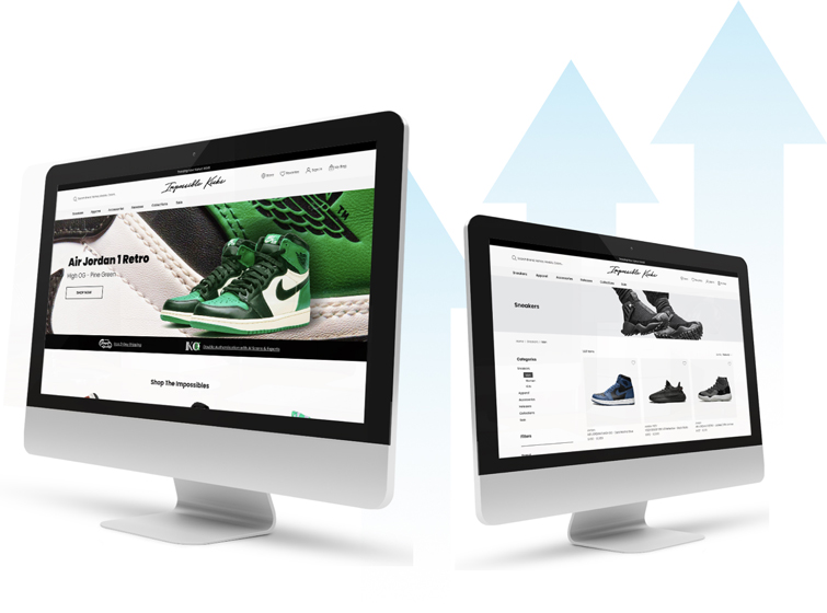 Impossible Kicks website displayed on two monitors with an upward trend in background
