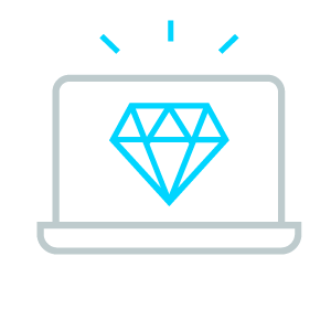 line art icon of laptop displaying blue diamond